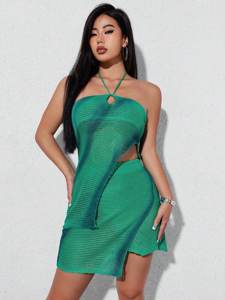 Split Hem Halter Knit Top & Asymmetrical Knit Skirt