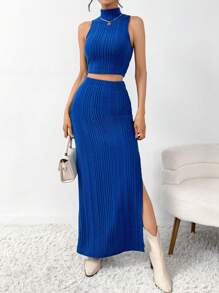 SHEIN Essnce 女款純色無袖立領上衣開叉下擺長裙2件套 - 藍色 - 查看 4