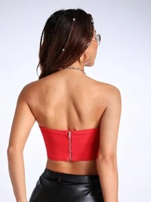 SHEIN ICON Button Front Tube Denim Top - Red - View 2