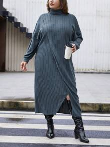 SHEIN Essnce Hơn Áo cao cổ Thả vai Váy Wrap Hem - Màu xanh bụi bặm - Xem 6