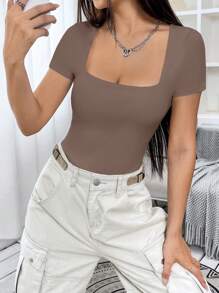 SHEIN EZwear Summer Square Neck Solid Short Sleeve Casual Women Bodysuit - Coffee Brown - View 5