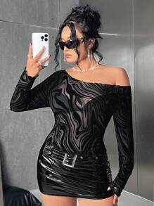 SHEIN ICON 大碼大理石圖案大圓領網紗薄透上衣 - 黑色 - 查看 1