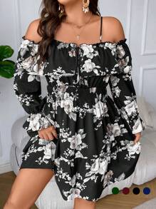 SHEIN LUNE 大碼印花挖肩荷葉袖前打結連衣裙 - 彩色 - 查看 1