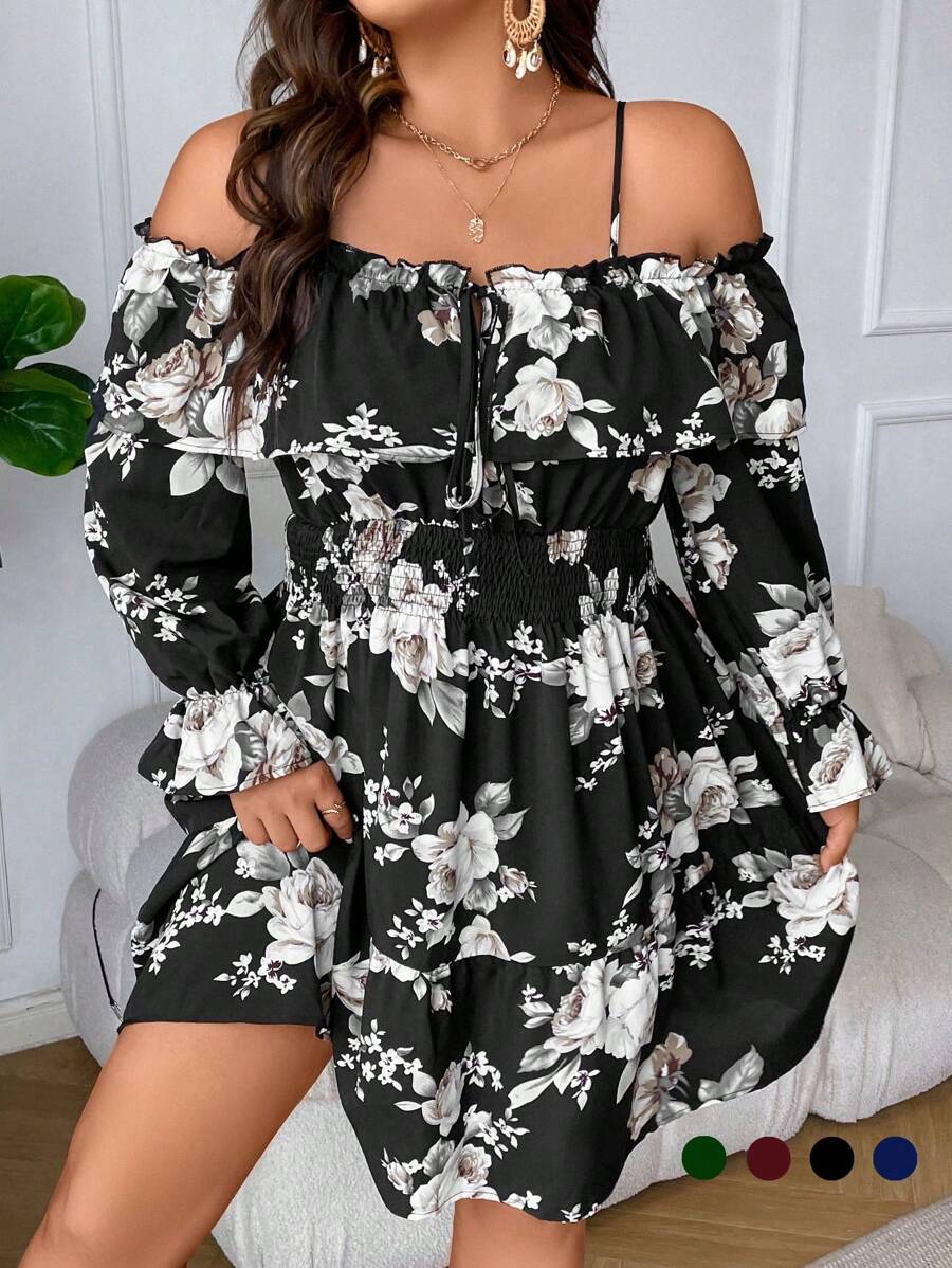 SHEIN LUNE 大碼印花挖肩荷葉袖前打結連衣裙 - 彩色 - 查看 1