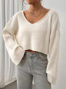 Flirla Jersey corto de punto acanalado con hombros caídos, de manga larga - Albaricoque - Ver 5