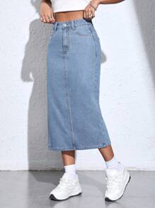 SHEIN PETITE Falda De Mezclilla Con Abertura Alta