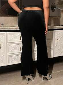 SHEIN ICON 大碼水鑽細節喇叭褲 - 黑色 - 查看 2