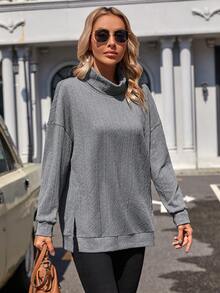 SHEIN LUNE Xám Cổ cao Thả vai Áo nỉ - Xám - Xem 4