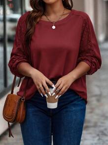 Calvaya 大碼蕾絲拼接燈籠袖T恤 - 酒紅色 - 查看 3