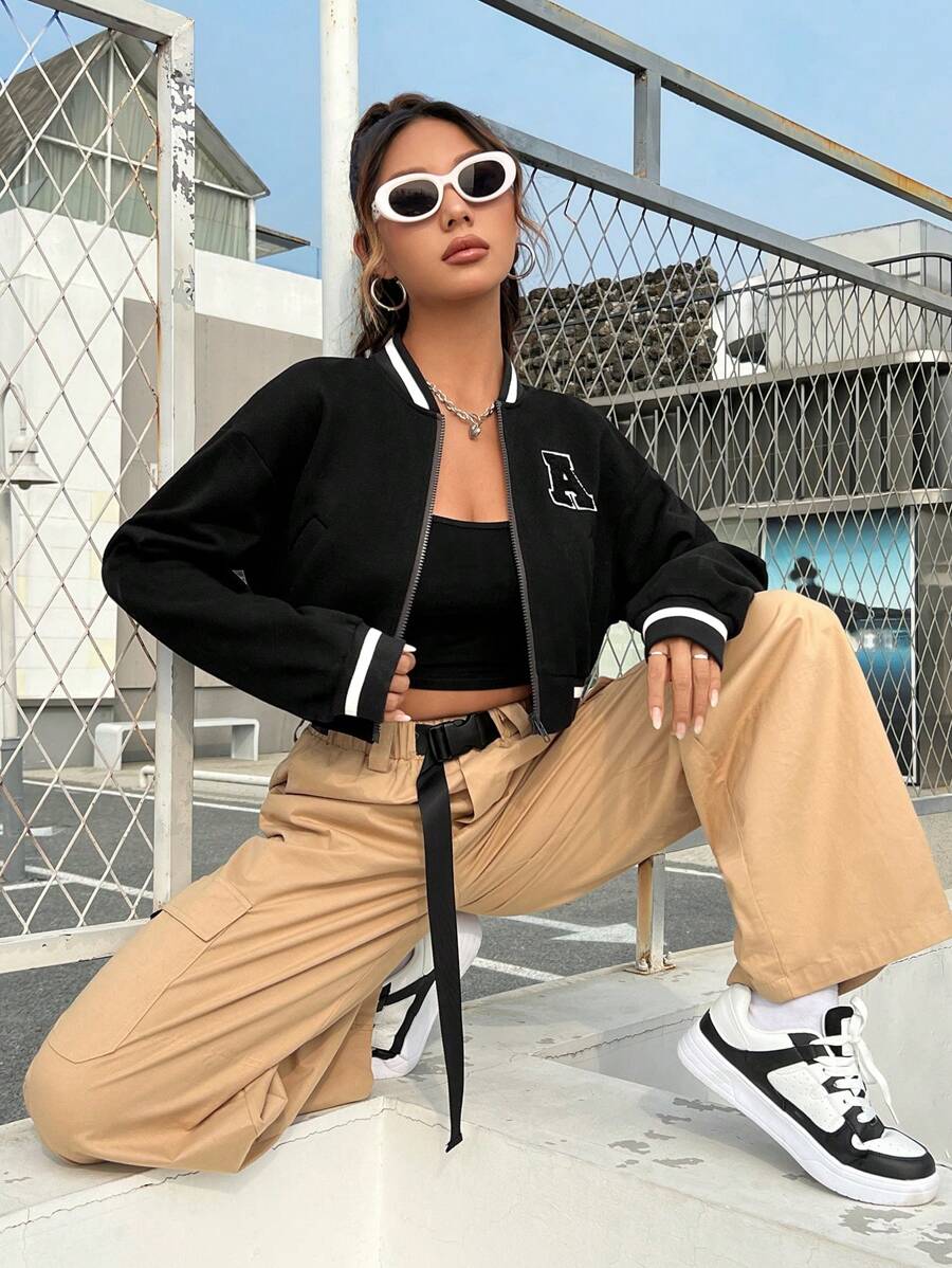 SHEIN EZwear Letter Patched Striped Trim Drop Shoulder Zipper Bomber Jacket - Black - View 1