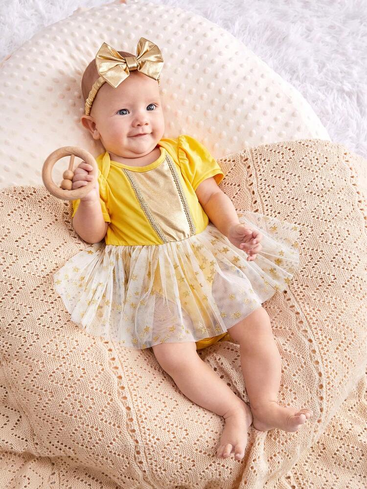 2pcs Newborn Baby Girls Mesh Romper Bodysuit And Headband Set