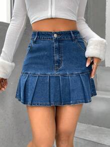 Pleated Hem Denim Skirt - Blue - View 3