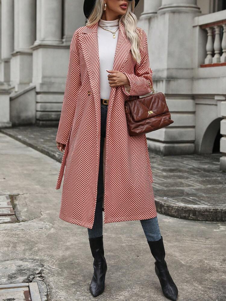 Women's Houndstooth Patterned Belted Woolen Coat Fall Cloth For Women