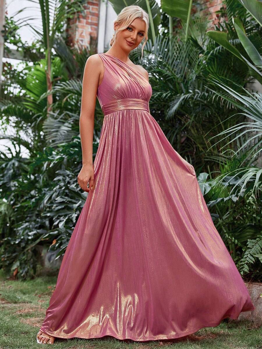 Đầm dự tiệc không tay khoét vai một vai - Màu Hồng Tươi - Xem 1