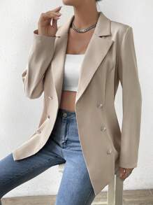 Chiquease Lapel Neck Double Breasted Belted Blazer - Khaki - View 5