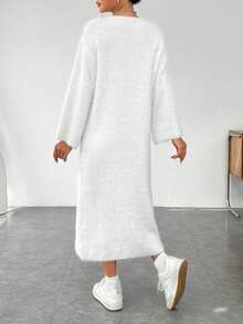 SHEIN EZwear 素色落肩袖絨毛針織毛衣洋裝 - 白色 - 查看 2