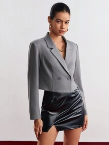 BizChic Solid Color Lapel Double Breasted Suit Jacket - Grey - View 3
