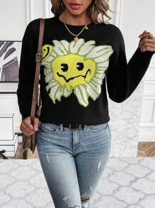 SHEIN LUNE Cartoon Pattern Drop Shoulder Knit Pullover Fall Winter Sweater - Black - View 5