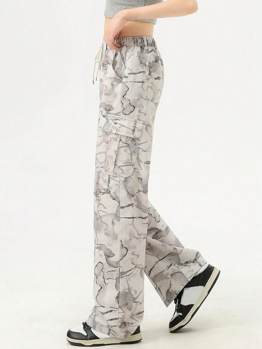 Nastoletnie dziewczyny Styl Vintage Kamuflaż Nadruk Luźny, swobodny Dopasowane & Wygodna Dżins Spodnie z szerokimi nogawkami Z Regulowany  Sznurek do ściągacza - Szary - Zobacz 1