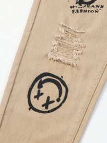 Tween Boy Letter & Cartoon Graphic Ripped Jeans - Apricot - View 7