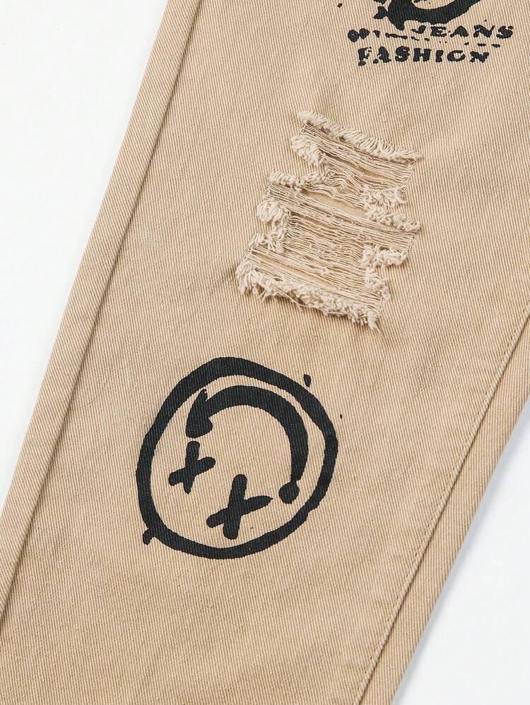 Tween Boy Letter & Cartoon Graphic Ripped Jeans