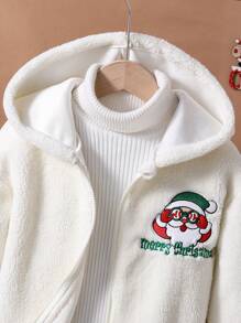 SHEIN Tween Girls' Santa Slogan Embroidery Hooded Jacket - Multicolor - View 5