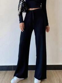 Pantalón De Suéter Con Cintura Ajustable Y Pierna Ancha En Color Sólido - Negro - Ver 3