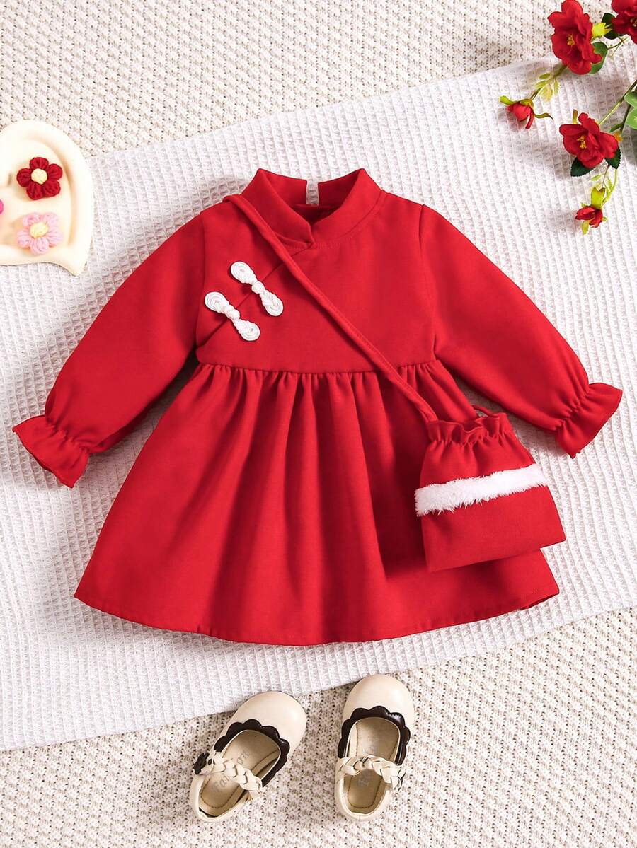 Baby Girl Frog Button Front Flounce Sleeve Dress With Bag - Red - View 1