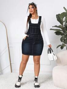 SHEIN EZwear Vestido Vaquero De Talla Grande Para Mujer Con Detalles De Bolsillo Y Botones - Azul - Ver 4