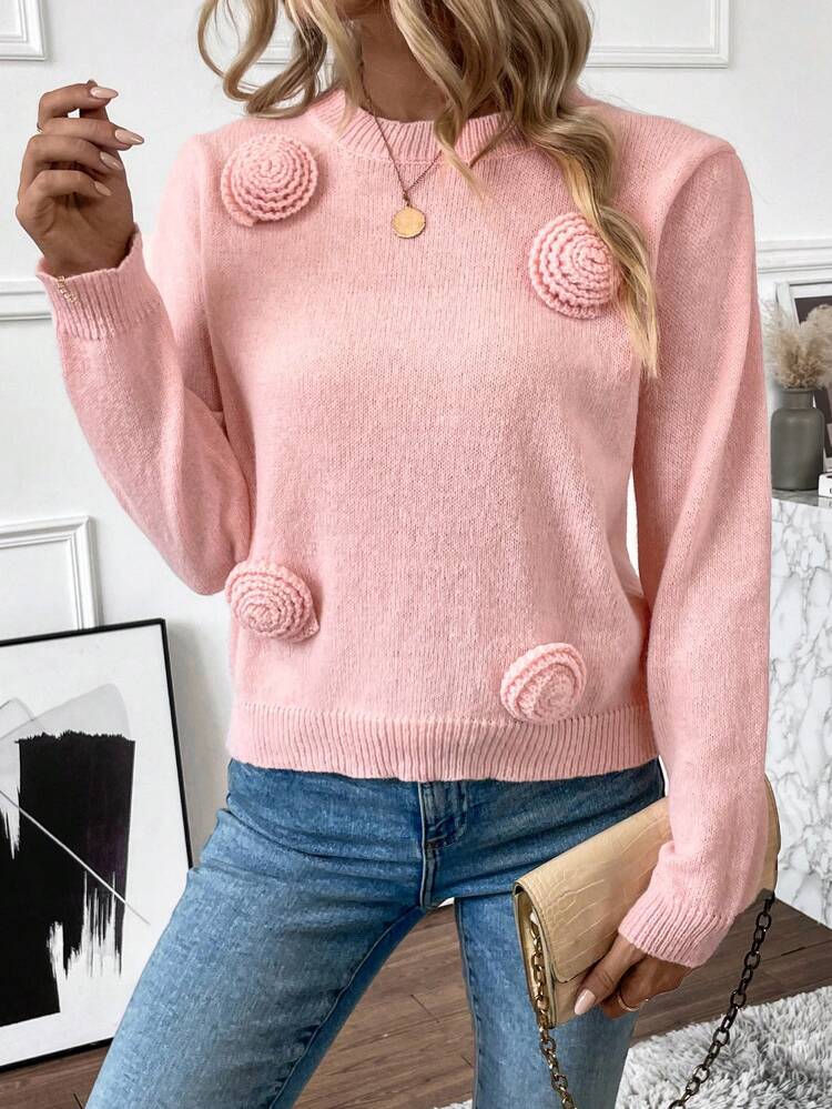 Stereo Flower Detail Round Neck Knit Pullover Fall Winter Sweater