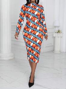 SHEIN Clasi Vestido ajustado con estampado geométrico de cuello alto - Multicolor - Ver 4