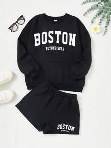 Tween meisje Gebreid Effen kleur Hoodie Met Letterprint En Los Short set