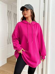 SHEIN EZwear 落肩袖抽繩連帽衫 - 玫紅色 - 查看 5