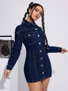 SHEIN EZwear Flap Pocket Buttoned Denim Dress - Dark Wash - View 5