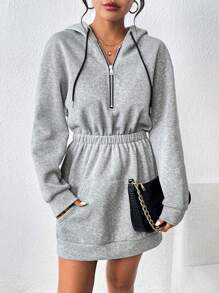 SHEIN LUNE Một nửa khóa kéo Thả vai Dây rút Váy Hoodie - Xám - Xem 6