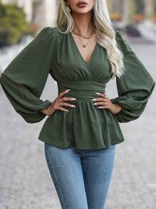 SHEIN Clasi Lantern Sleeve Shirt With Waist Pleats And Ruffled Hem Peplum Top