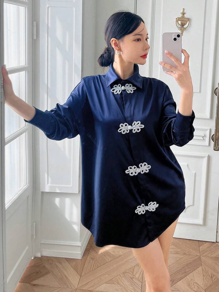 Loose-Fit Satin Color Blocking Button-Down Shirt For Women