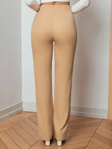 Cottnline High Waist Seam Detail Pants - Beige - View 2