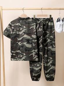SHEIN 3pcs/Set Tween Boys' Loose Round Neck T-Shirt, Camo Shirt And Elastic Hem Long Pants Set - Army Green - View 9