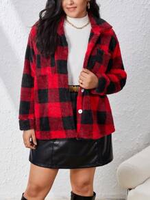 SHEIN Essnce 大尺碼格紋披毛外套,配有前袋和下垂肩膀 - 紅色 - 查看 6