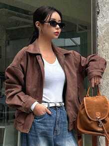 Dazy Star 女式下肩拉鍊開合針織外套 - 棕色 - 查看 3