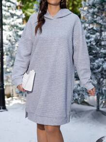 大碼落肩袖下擺開叉連帽衛衣裙 - 灰色 - 查看 1