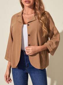 SHEIN LUNE Solid Button Front Lapel Collar Coat - Khaki - View 4