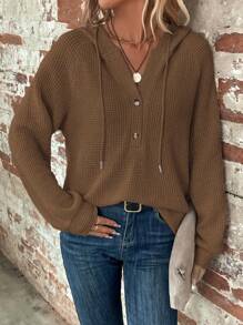 SHEIN LUNE Half Button Raglan Sleeve Drawstring Hoodie - Brown - View 1