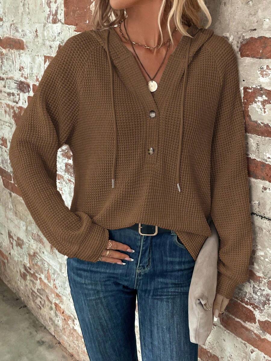 SHEIN LUNE Half Button Raglan Sleeve Drawstring Hoodie - Brown - View 1