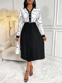 Lyxana 幾何印花前紐扣百褶下擺洋裝 - 黑與白 - 查看 1
