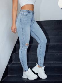 SHEIN EZwear Quần jean rách - Rửa trung bình - Xem 6