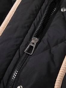 Dual Pocket Fuzzy Trim Duffle Down Coat - Black - View 8