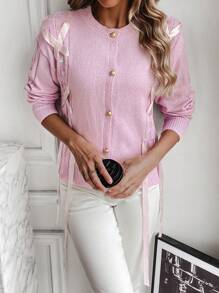 SHEIN LUNE Lace Up Front Drop Shoulder Cardigan - Pink - View 4