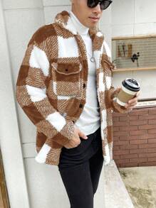 Manfinity Homme 寬鬆男士水牛格子下垂肩泰迪熊外套 - 棕色 - 查看 4